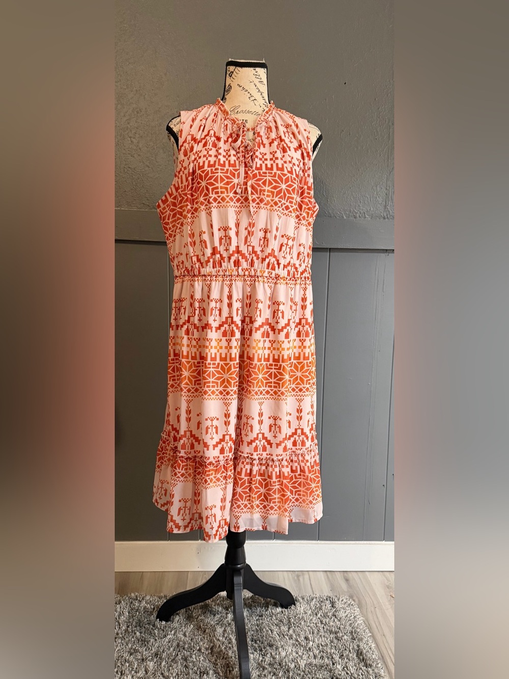 Sleeveless Orange Patterned Midi Dress